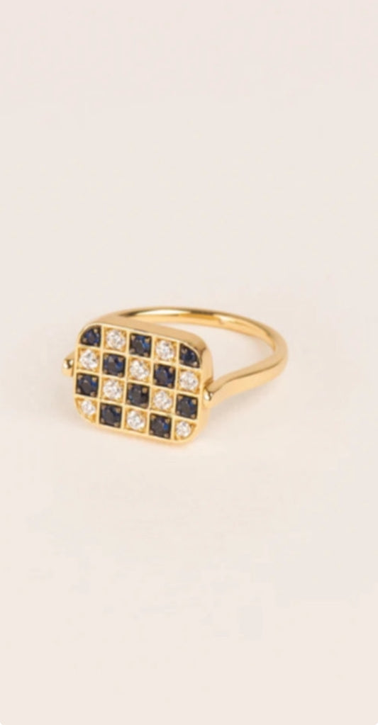 CHESSBOARD BEZEL RING BLUE