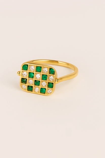 CHESSBOARD BEZEL RING GREEN
